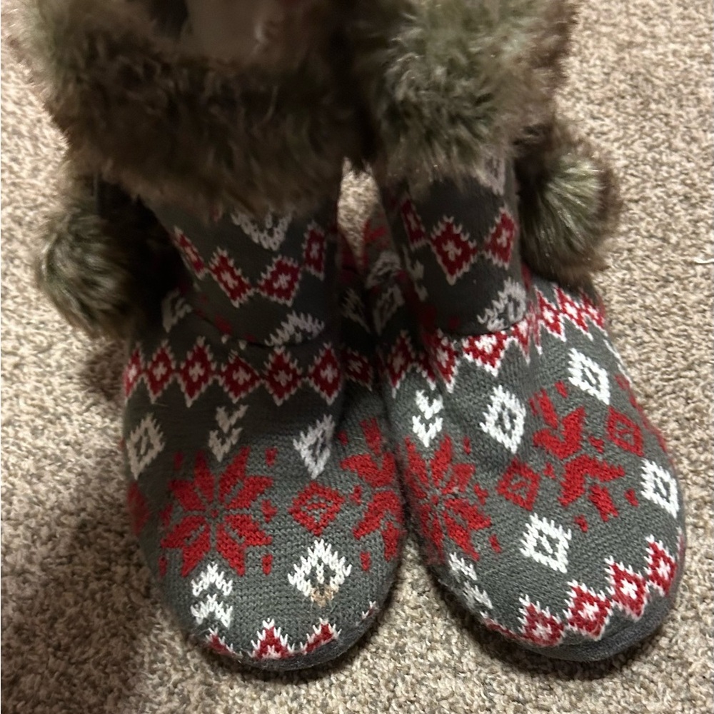 Kathy Ireland Red and Gray Slippers with Cozy Fur Trim